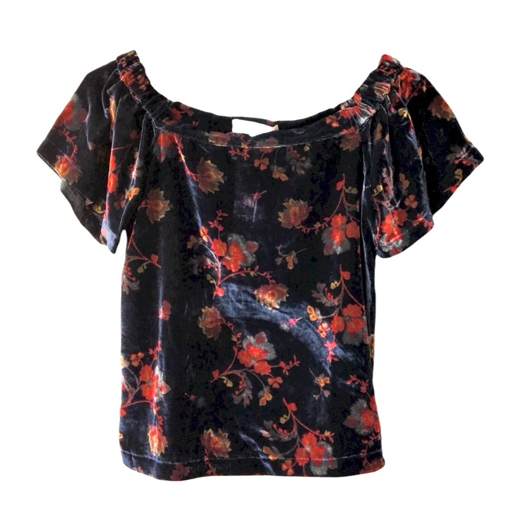 LOFT Black Floral Velvet Blouse Size Large Petite